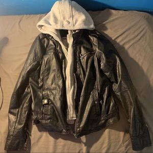 Leather jacket with grey hoodie combination